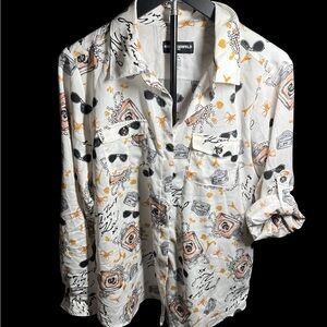Karl Lagerfeld White Printed Long-Sleeve Button Shirt with Peach & Gold Accents